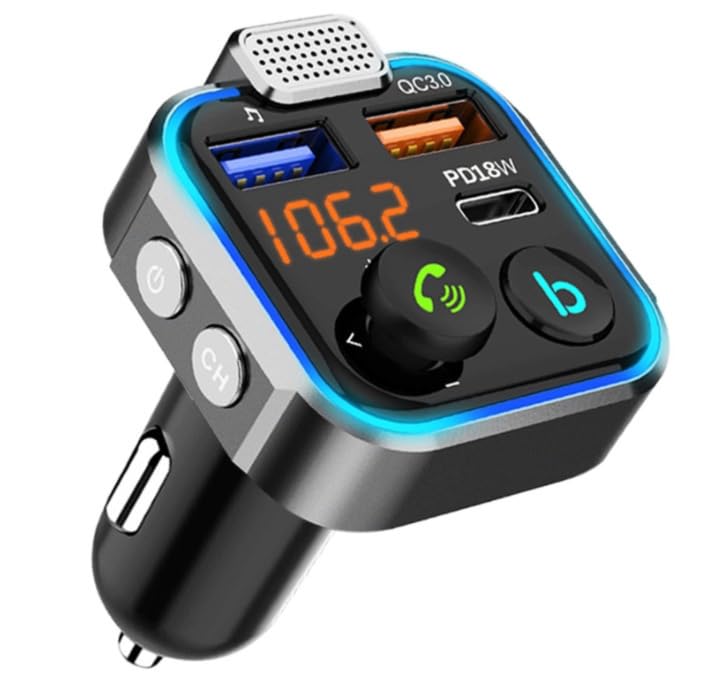 54W Bluetooth 5.3 FM Transmitter Car Charger with 3 USB Ports