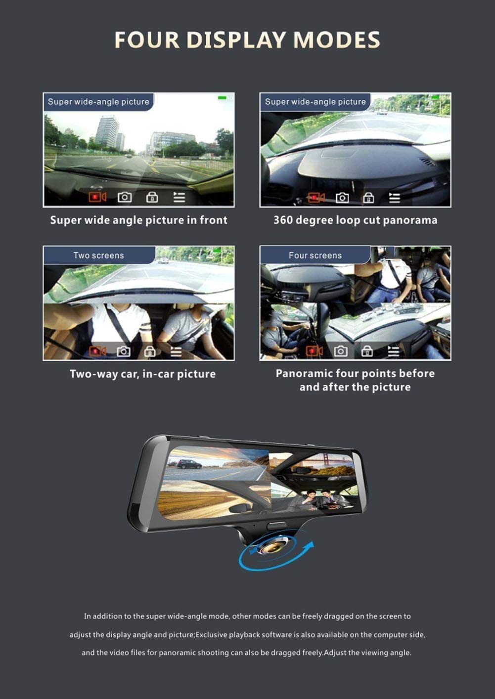 10-Inch 1080P 360° Dual-Lens Dash Cam with GPS
