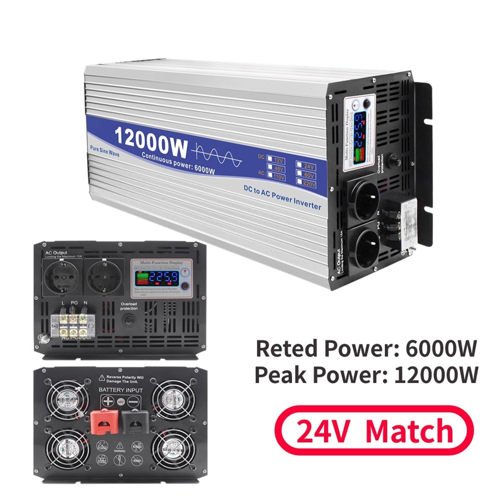 Pure Sine Wave Power Inverter 12V/24V/48V to 220V–230V