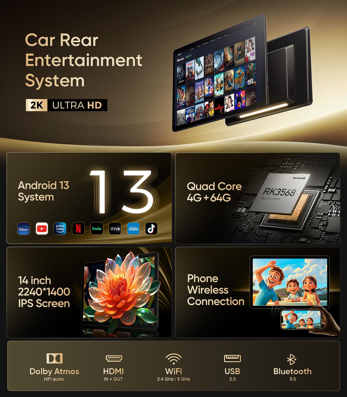 14-Inch 4K Android 13 Car Headrest Monitor