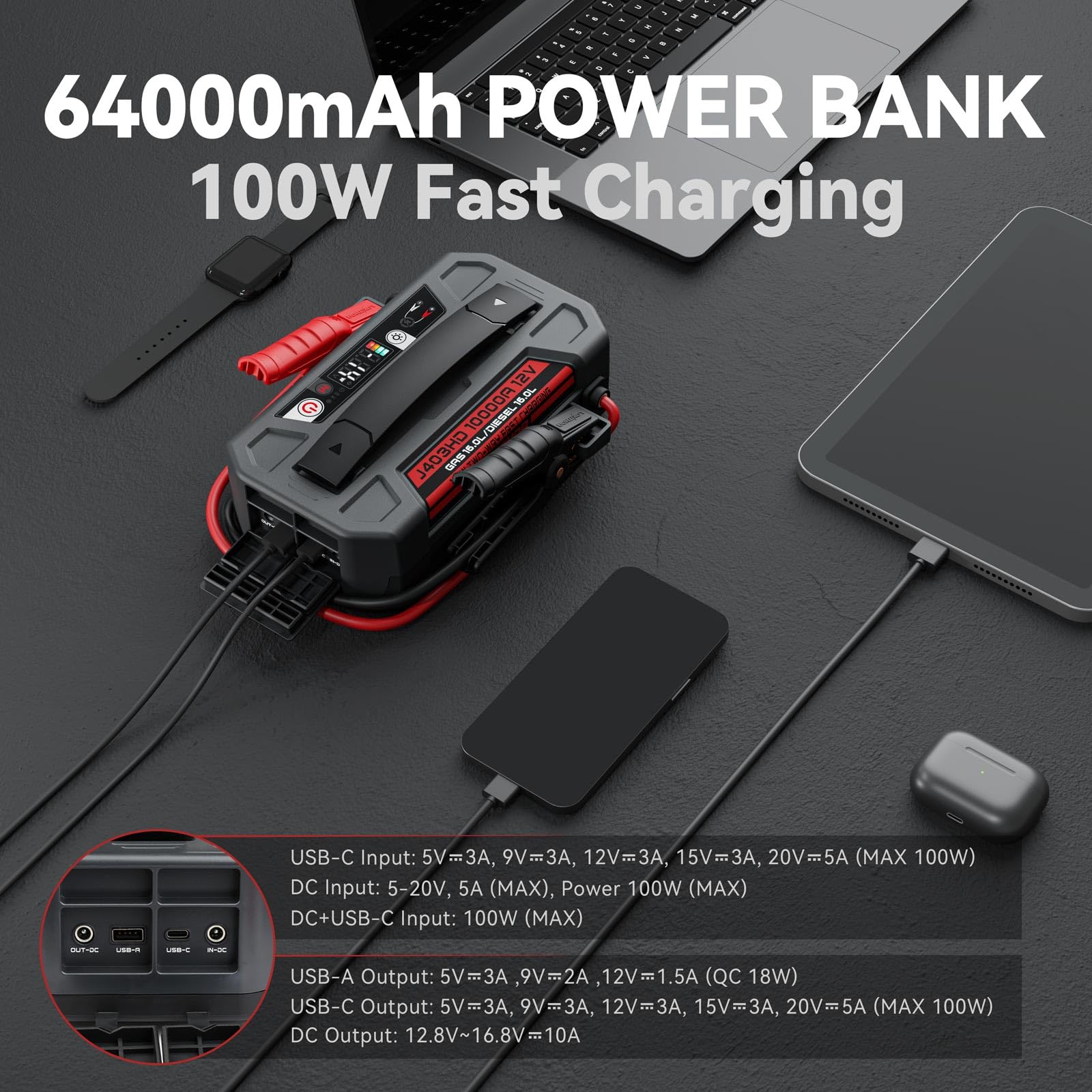 10000A 12V Jump Starter Power Bank with LED Light