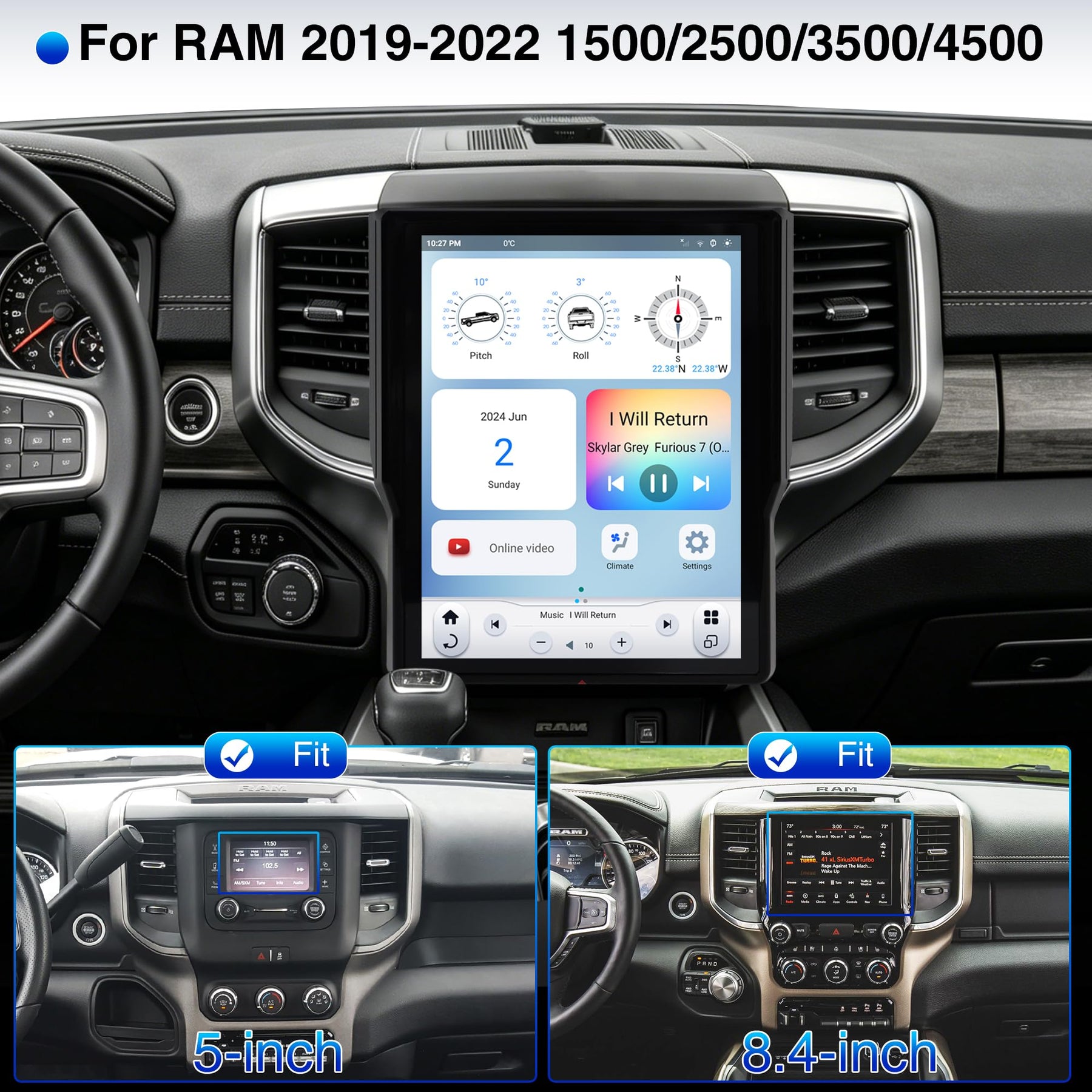 12.1-Inch Car Stereo for Dodge RAM 1500/2500/3500 2019–2024